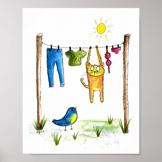Affiche Chat Whimsical sur une ligne de linge (Devant)
