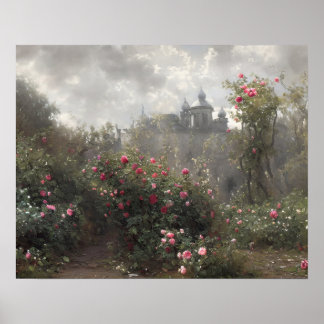 Affiche Château abandonné jardin rose - Art vintage