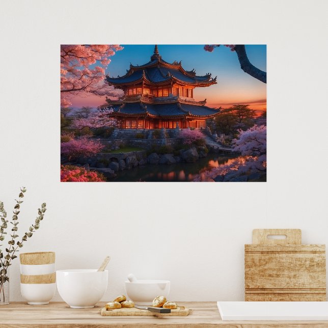 Affiche Château asiatique du coucher de soleil sur le jard (Cuisine)