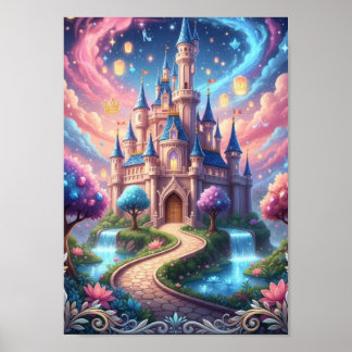 Affiche Château Cosmique Enchanté Lanternes Flottantes Fan