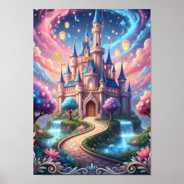 Affiche Château Cosmique Enchanté Lanternes Flottantes Fan (Devant)