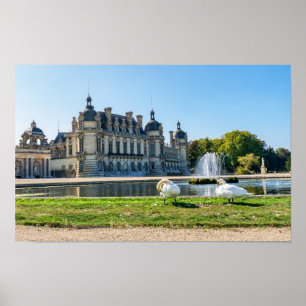 Affiche Château de Chantilly, fontaine et deux cygnes