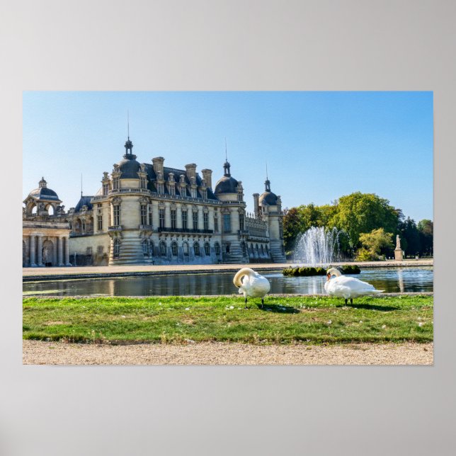 Affiche Château de Chantilly, fontaine et deux cygnes (Devant)