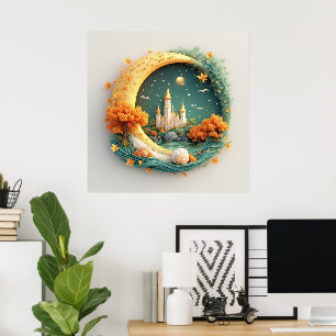 Affiche Château de conte de fées entouré d'arbres saisonni