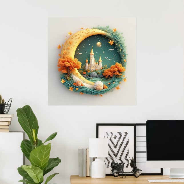 Affiche Château de conte de fées entouré d'arbres saisonni (Bureau à domicile)