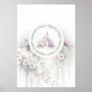 Affiche Château de conte de fées pastel Couronne florale d