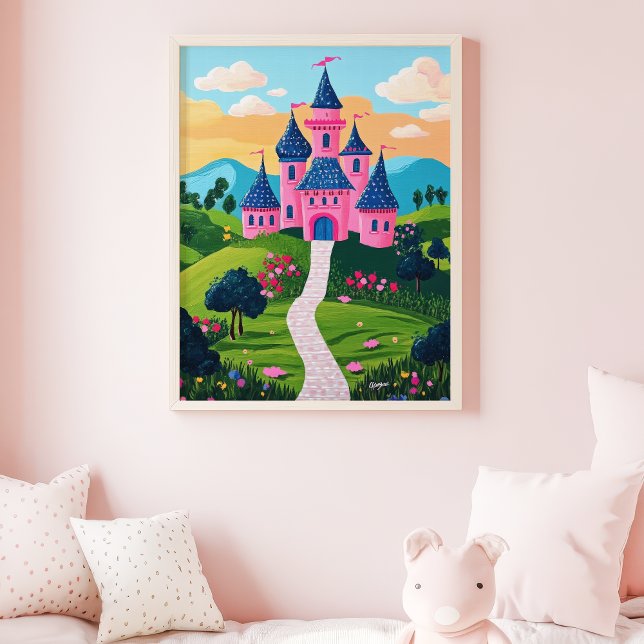 Affiche Château de fantaisie rose Coucher de soleil Paysag (Créateur téléchargé)