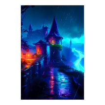 Château de fantasy néon sombre cyberpunk rivière