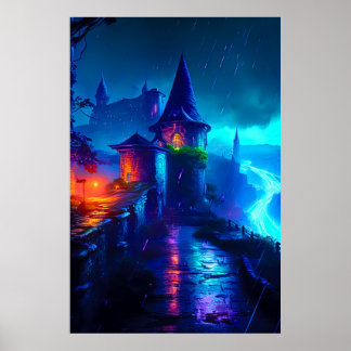 Affiche Château de fantasy néon sombre cyberpunk rivière