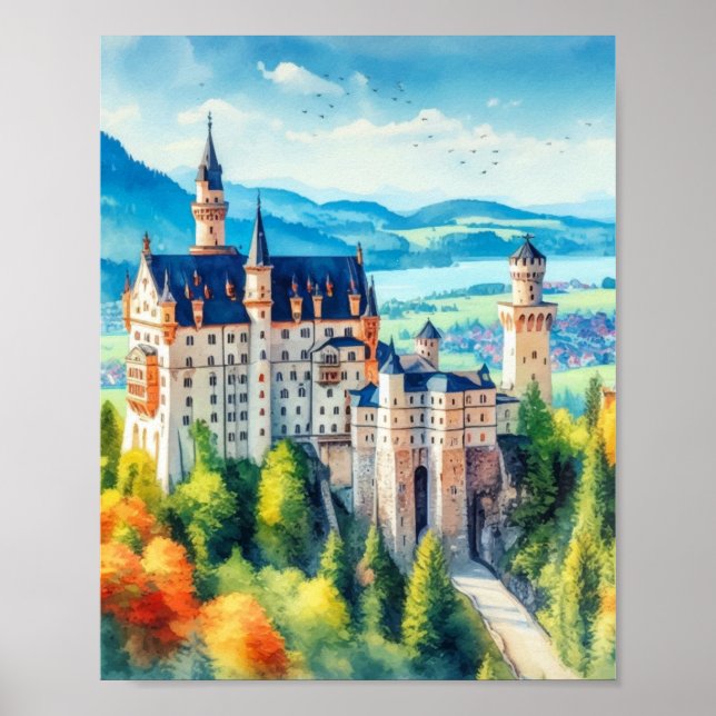 Affiche Château de Neuschwanstein Allemagne Aquarelle (Devant)