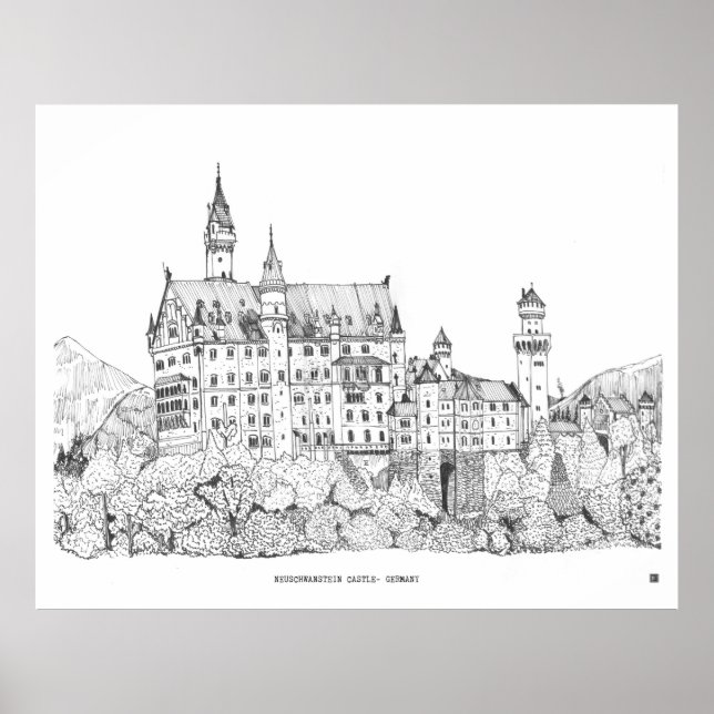 Affiche Château de Neuschwanstein Allemagne Art de ligne (Devant)