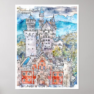 Affiche Château de Neuschwastein Allemagne Voyage Aquarell