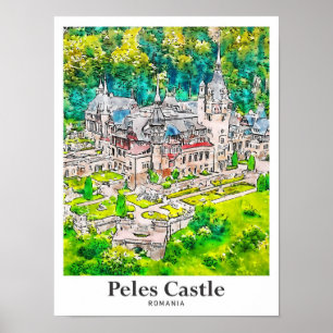 Affiche Château de Peles Roumanie Voyage Aquarelle main ti