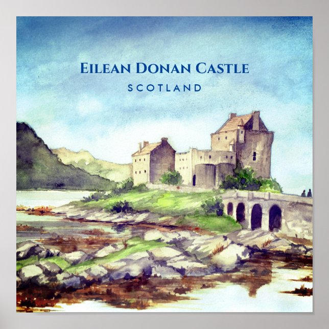 Affiche Château d'Eilean Donan Écosse Peinture à l'aquarel (Devant)