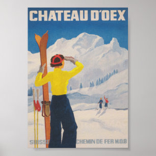 Affiche Chateau D'oex Suisse Ski Vintage Travel