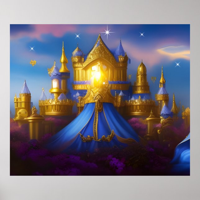 Affiche Château Doré or bleu fantaisie magique (Devant)