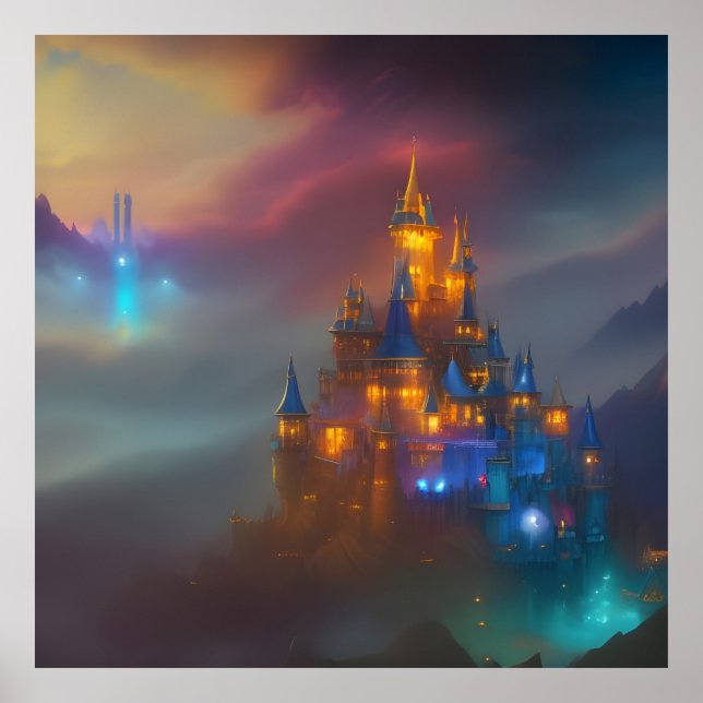 Affiche Château Doré or bleu fantaisie magique 5 (Devant)