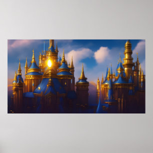 Affiche Château Doré or bleu fantasy magique 4