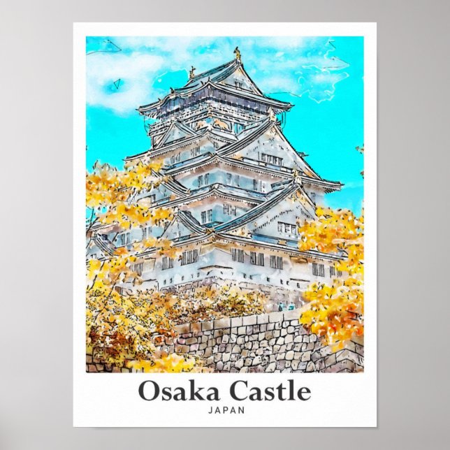 Affiche Château d'Osaka Japon Voyage Aquarelle main tirée (Devant)
