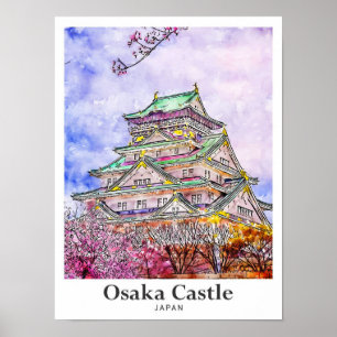 Affiche Château d'Osaka Japon Voyage Aquarelle main tirée