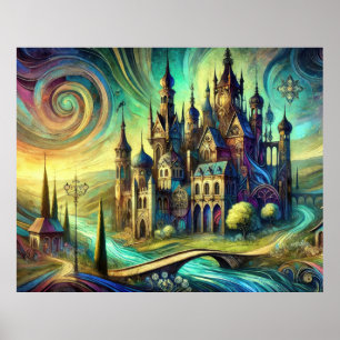 Affiche Château Fantastique avec Ciel Tourbillonnant et Ri