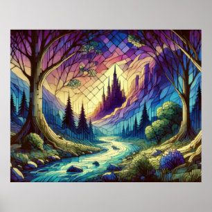 Affiche Château Fantastique avec Forêt Enchantée et Rivièr