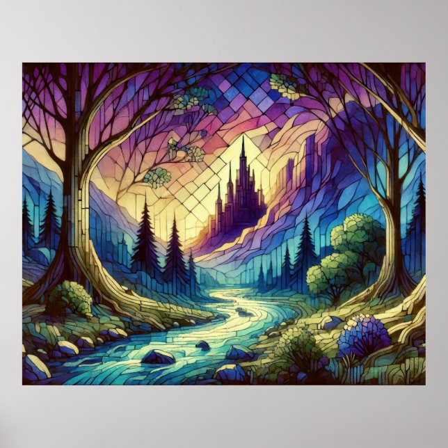 Affiche Château Fantastique avec Forêt Enchantée et Rivièr (Devant)