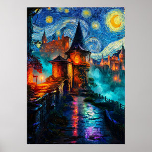 Affiche Château Fantastique de Nuit Étoilée Peinture à l'H