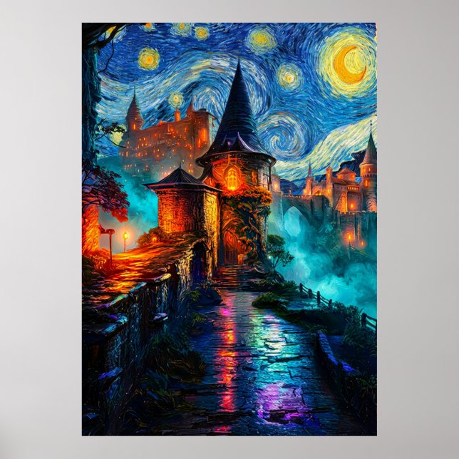 Affiche Château Fantastique de Nuit Étoilée Peinture à l'H (Devant)