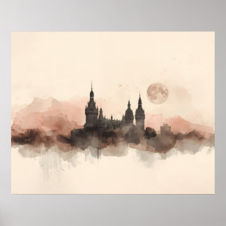 Affiche Château gothique silhouette Art aquarelle au clair