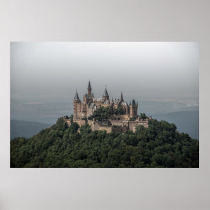 AFFICHE CHÂTEAU GRIS ET BLANC SUR LES COLLINES
