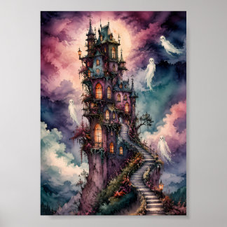 Affiche Château Hanté Fantaisiste Pleine Lune Whimsigoth