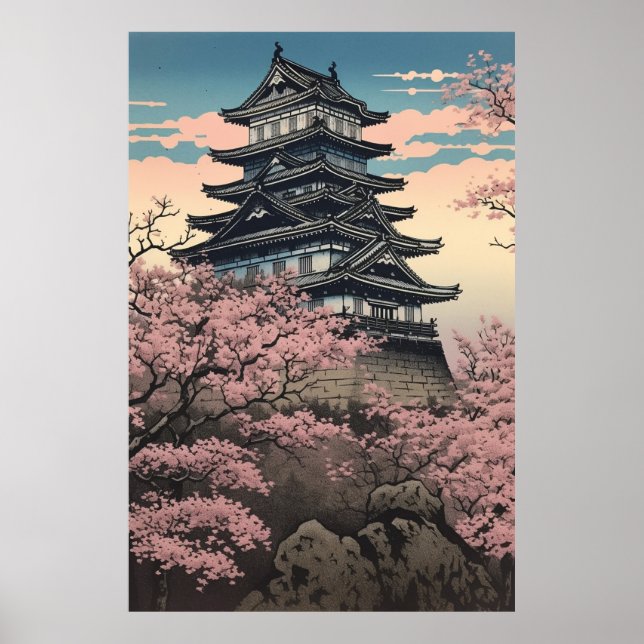 Affiche Château Himeji avec fleurs de cerisiers Art japona (Devant)