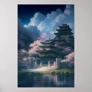 Affiche Château japonais en bois par Lac de Calm