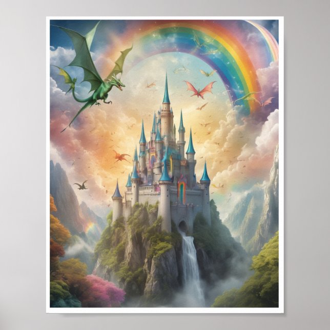 Affiche Château magique volant dragons fées arc-en-ciel (Devant)
