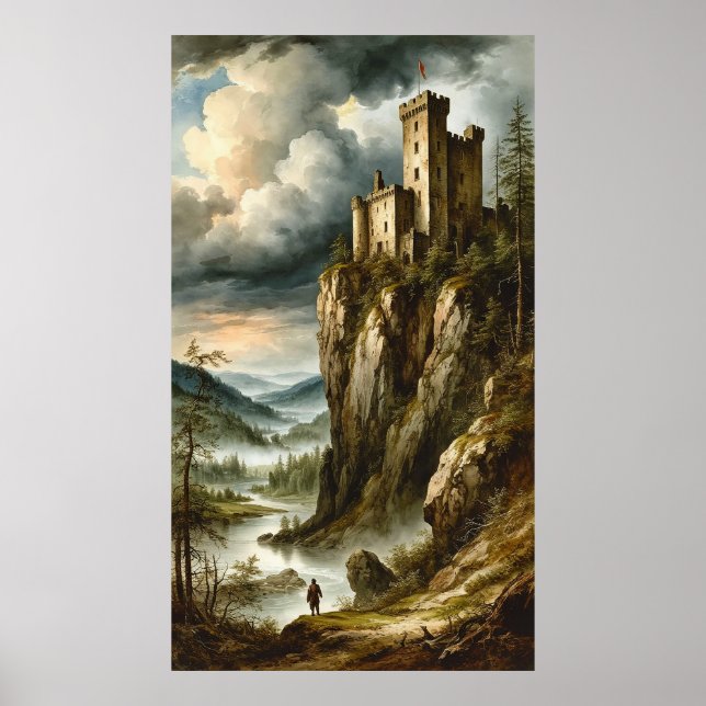 Affiche Château médiéval dramatique perché sur une falaise (Devant)