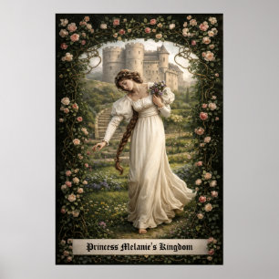 Affiche Château médiéval et princesse cueillant des fleurs