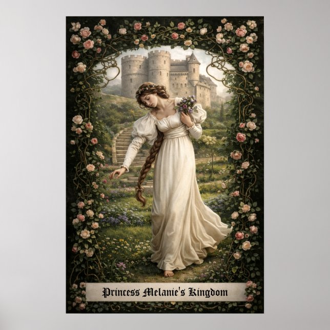 Affiche Château médiéval et princesse cueillant des fleurs (Devant)