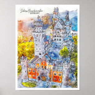 Affiche Château Neuschwanstein Allemagne voyage aquarelle