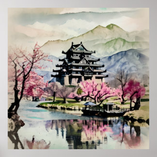 Affiche Château Serein au Bord d'un Lac (Printemps)