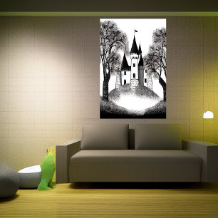 Affiche Château sur la colline croquis noir et blanc Art