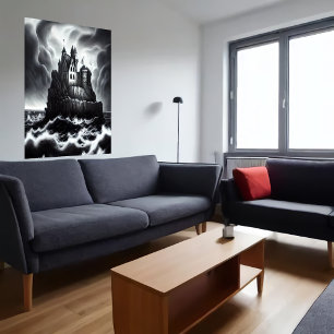 Affiche Château sur rocher dans la mer orageuse   AI Art P