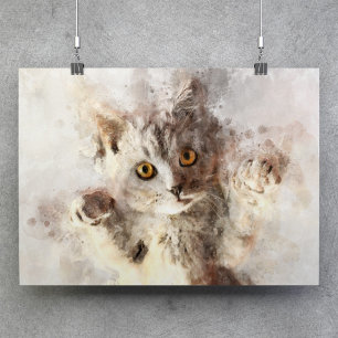 Affiche Chaton à l'aquarelle joueur avec des yeux ambre br