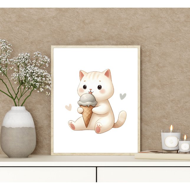 Affiche Chaton aquarelle fantaisiste avec cône de glace (Créateur téléchargé)