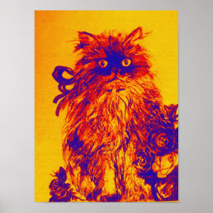 Affiche CHATON AUX ROSES ,Jaune Orange Bleu