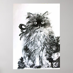 Affiche Chaton aux roses, noir et blanc