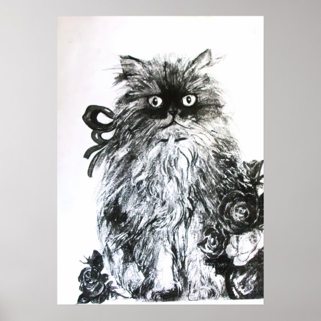 Affiche Chaton aux roses, noir et blanc (Devant)