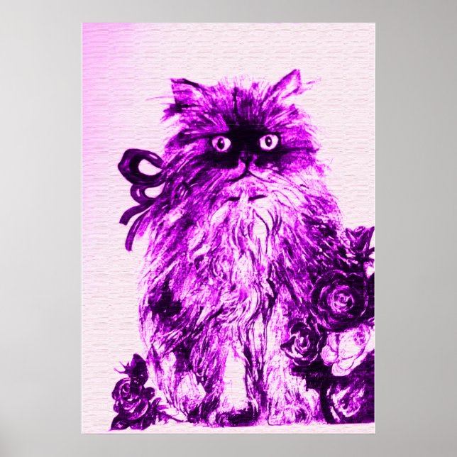 Affiche Chaton avec des roses , violet pourpre et blanc (Devant)
