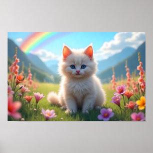 Affiche Chaton blanc dans la prairie d'Imaginaire Pittores