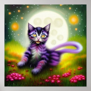 Affiche Chaton de fantaisie et lune   